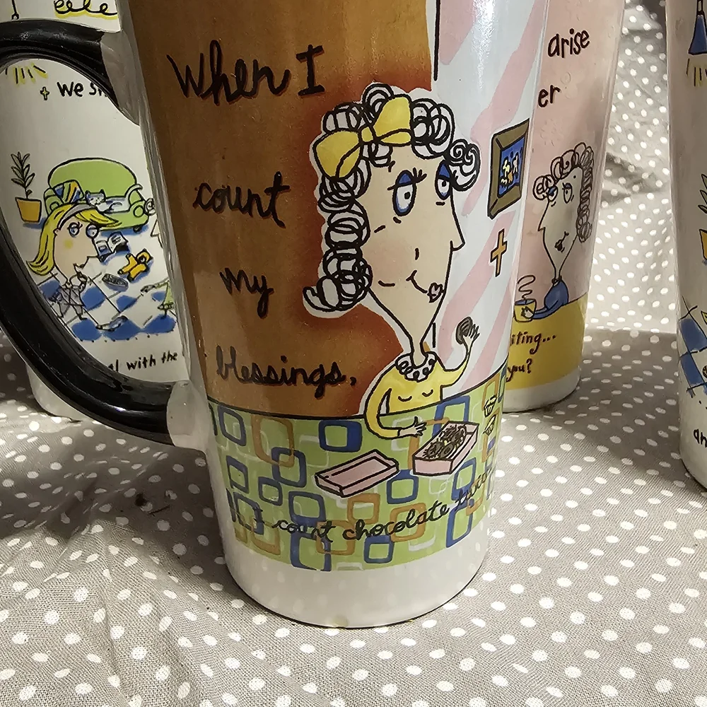 Pink Cartoon Scripture Ceramic Coffee Mug with Black Handle Set Of 4